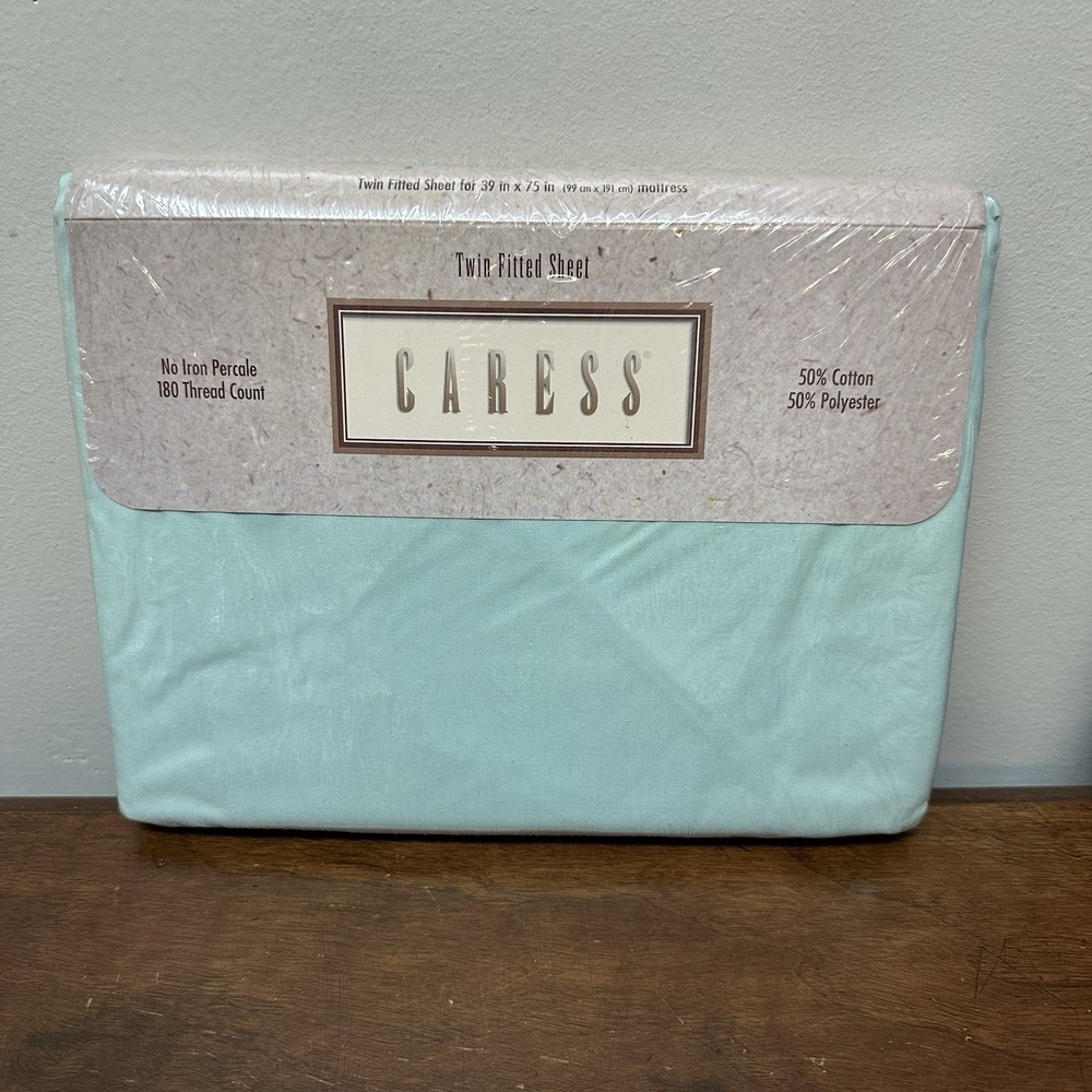 Vtg Dan River Caress Twin Fitted Sheet No iron Percale Green Made in USA NOS NEW